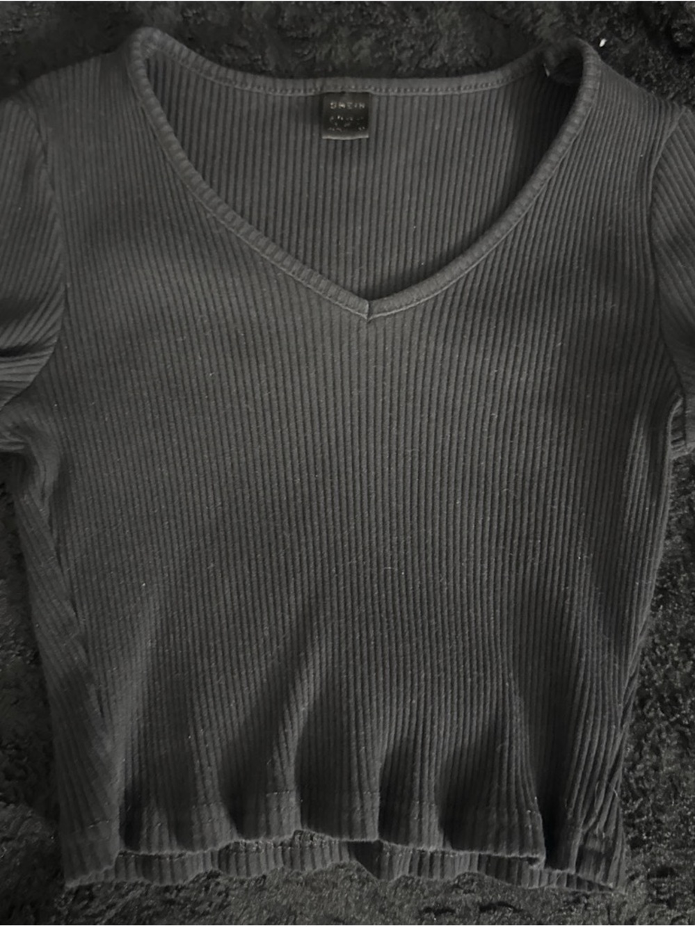 SHEIN Black Ribbed V-Neck Short Sleeve Top